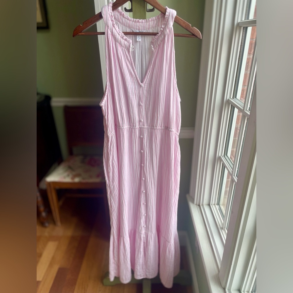 100% Cotton Pink & White Stripes Dress Flowy Lightweight Tiered MIDI/Maxi Lg